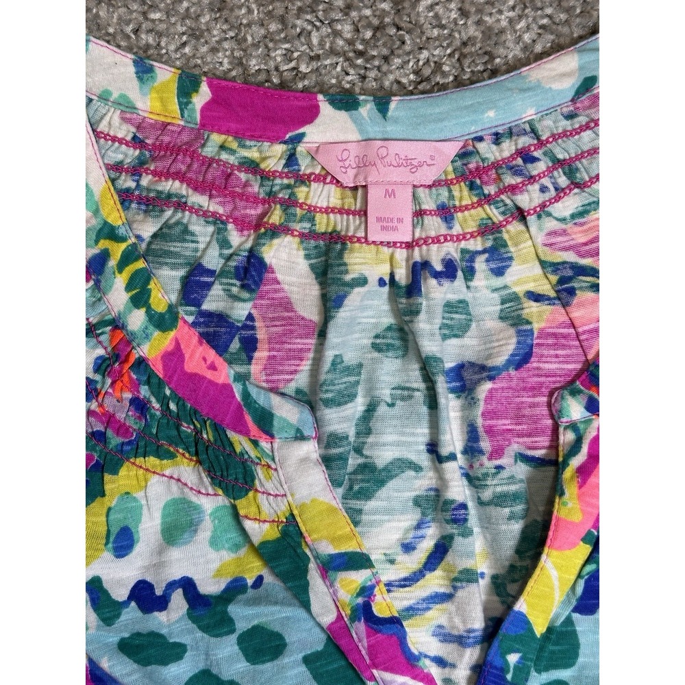 Lilly Pulitzer Sleeveless Henley Tank Top Pink Floral Print Women's Medium M - Picture 3 of 4